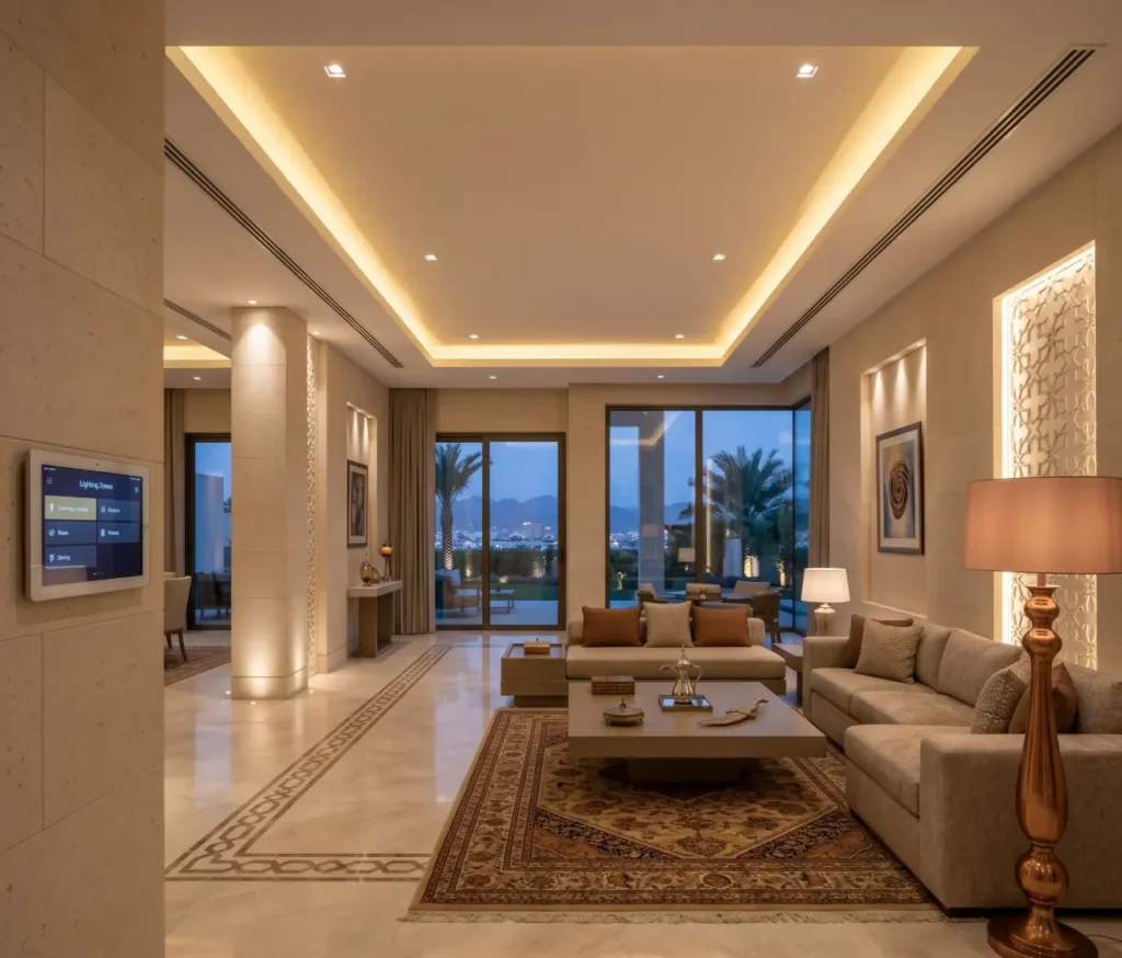 Centralized lighting control system connecting multiple lights in Muscat villa