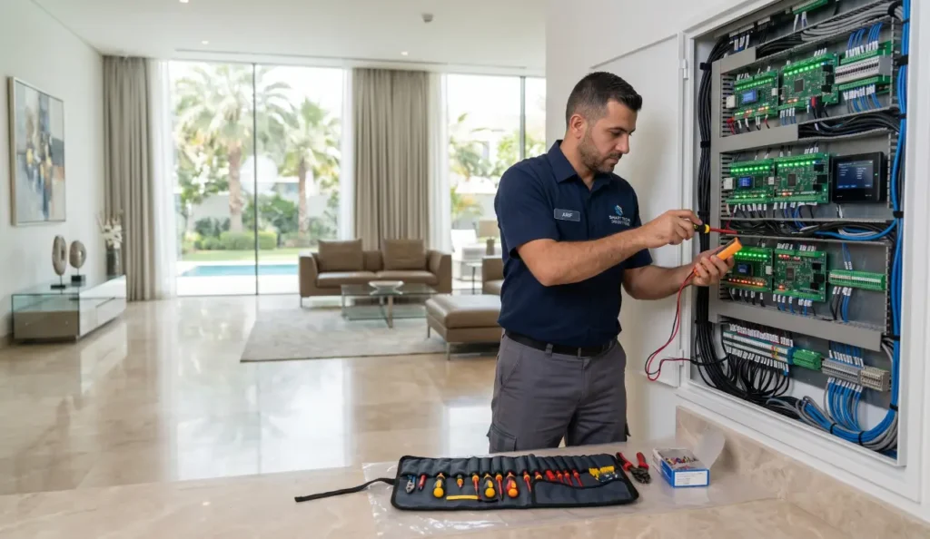 Technician maintaining smart home automation system in a modern villa