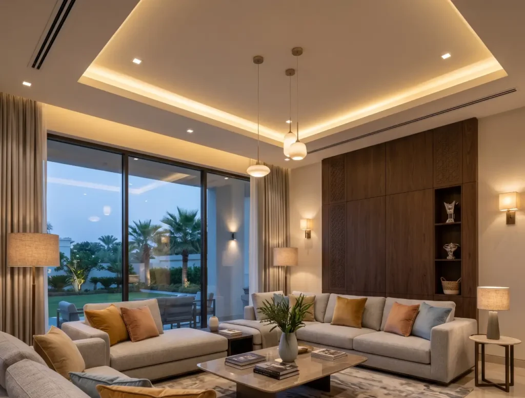 Smart lighting system in luxury villa living room in Muscat