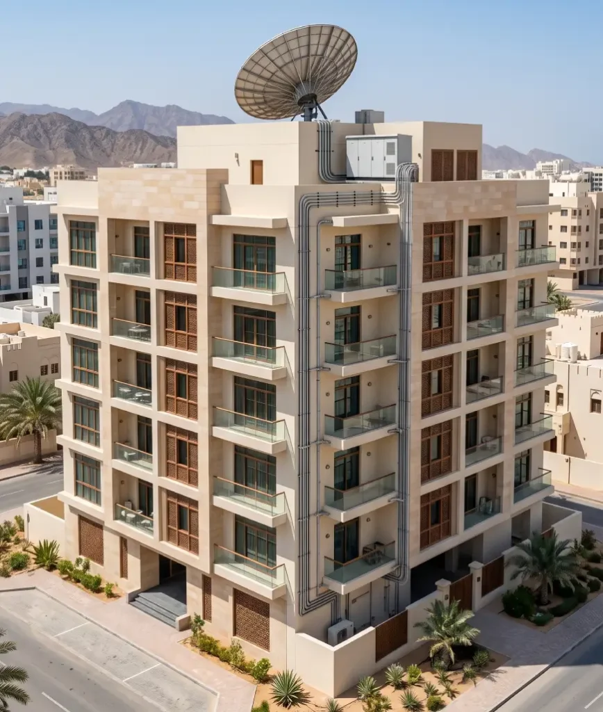 SMATV system with rooftop satellite dish serving apartment building in Muscat