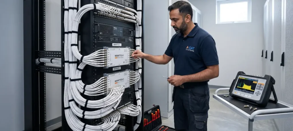 Technician performing SMATV system maintenance in equipment room