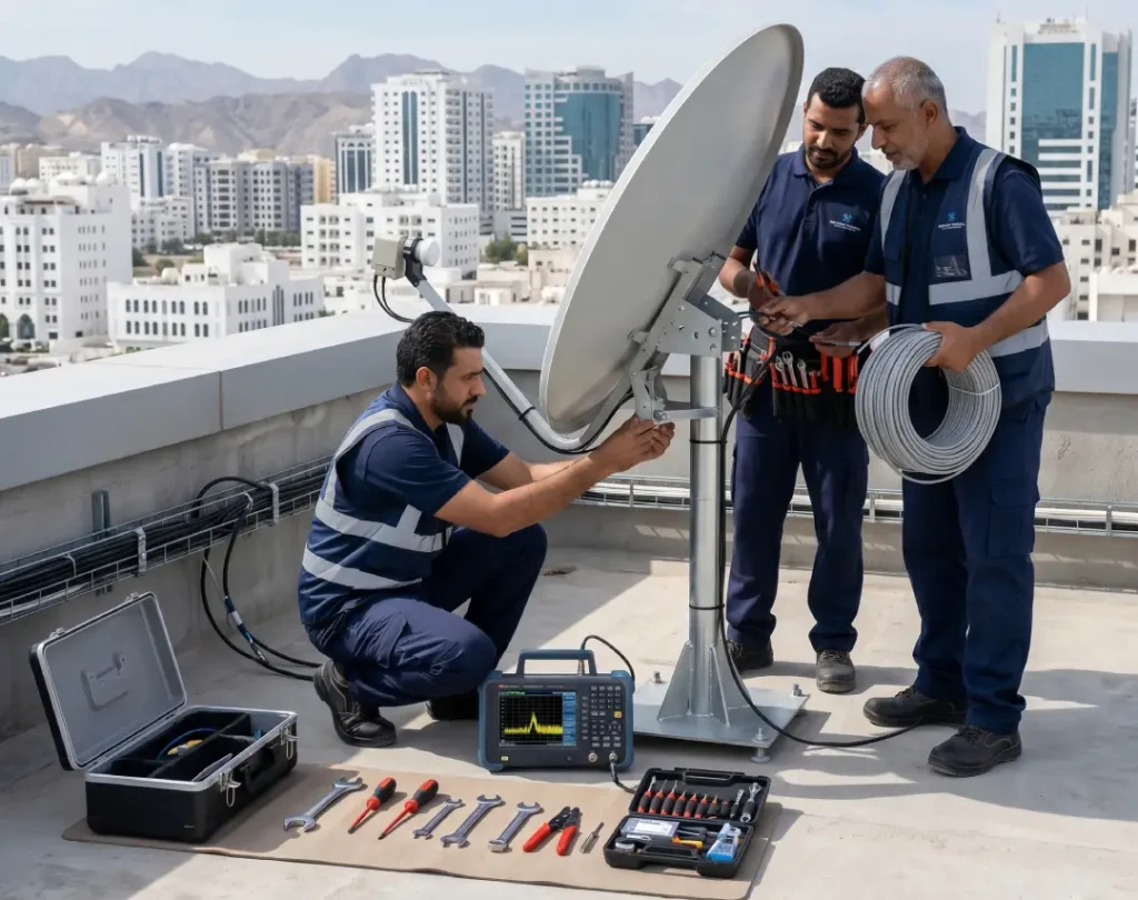Professional team installing SMATV system on rooftop in Muscat